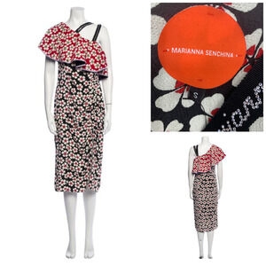 Marianna Senchina Sz S Avant Garde One Shoulder Floral Ruffle Dress Bling Strap